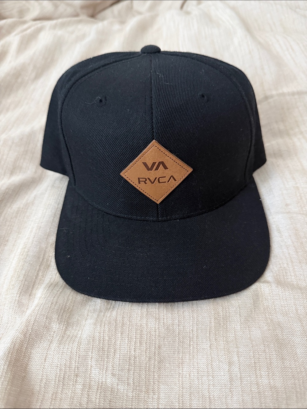 RVCA Black Snapback with Tan Leather Diamond Patch